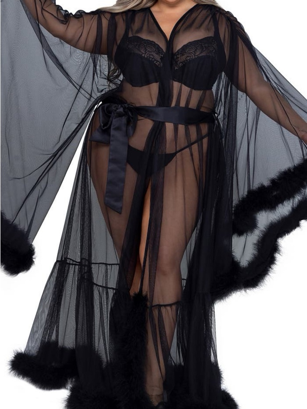 Roma Sheer Black Marabou-Trim Long Robe with Satin Tie - Picture 3 of 8